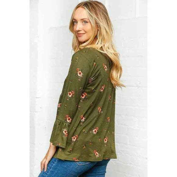 Olive Floral Bell Sleeve Babydoll Peplum Top - Picture 11 of 11